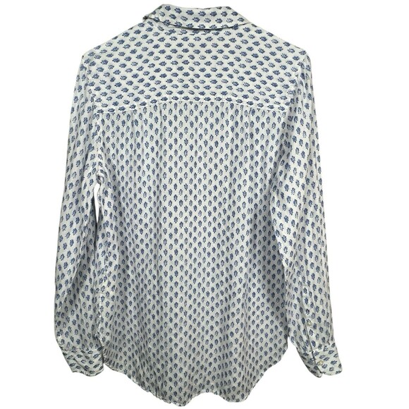 LL Bean Button Up Shirt Womens Medium White Blue Flowers Long Sleeve 100% Linen - Picture 14 of 16